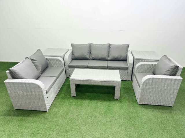 Rackhams 6-Seater Light Grey PE Rattan Outdoor Sofa Set - Oblong Coffee Table, Reclining Chair, Loveseat, 3-Seater Sofa, 2 Side Tables - image 1