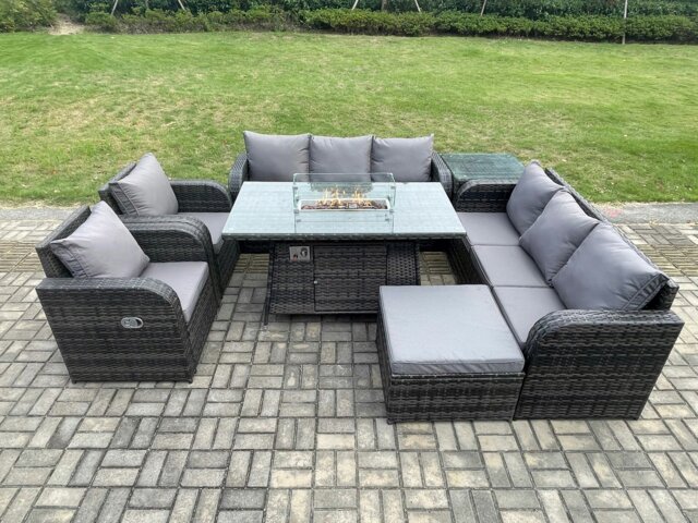 Rackhams Rattan Outdoor Garden Furniture Set with Gas Fire Pit Table, 2 Sofas, 2 Reclining Chairs, 1 Side Table, 1 Footstool - 9 Seater - Dark Grey - image 1