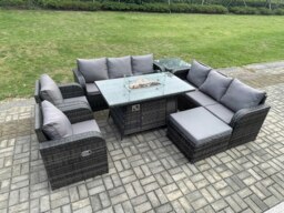 Rackhams Rattan Outdoor Garden Furniture Set with Gas Fire Pit Table, 2 Sofas, 2 Reclining Chairs, 1 Side Table, 1 Footstool - 9 Seater - Dark Grey - thumbnail 2