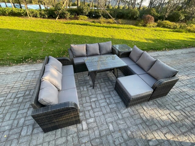 Rackhams 10 Seater Wicker Rattan Garden Furniture Set with Rectangular Dining Table Big Footstool Side Table Patio Outdoor Lounge Sofa Set - image 1