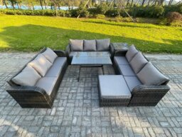 Rackhams 10 Seater Wicker Rattan Garden Furniture Set with Rectangular Dining Table Big Footstool Side Table Patio Outdoor Lounge Sofa Set - thumbnail 2