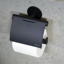 Rackhams Matt Black Self Adhesive Wall Mounted Toilet Roll Holder with Lid - thumbnail 2