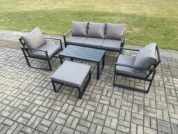 Rackhams Aluminium Patio Outdoor Furniture Set 6 Seater Garden Sofa with Oblong Coffee Table Big Footstool 2 Armchairs Dark Grey - thumbnail 2