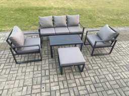 Rackhams Aluminium Patio Outdoor Furniture Set 6 Seater Garden Sofa with Oblong Coffee Table Big Footstool 2 Armchairs Dark Grey - thumbnail 1