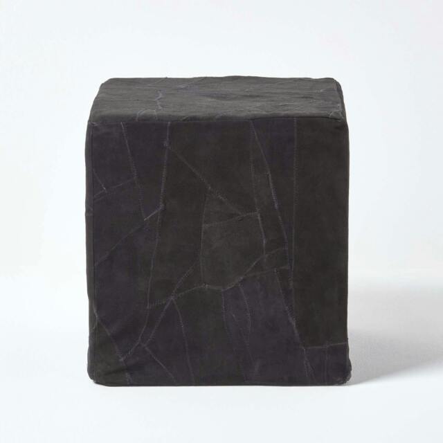 Rackhams Black Leather and Suede Patchwork Cube Pouffe - 36 x 36 x 38 cm - Black - image 1
