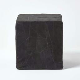 Rackhams Black Leather and Suede Patchwork Cube Pouffe - 36 x 36 x 38 cm - Black - thumbnail 1