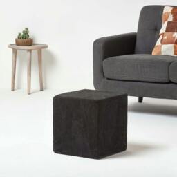 Rackhams Black Leather and Suede Patchwork Cube Pouffe - 36 x 36 x 38 cm - Black - thumbnail 2