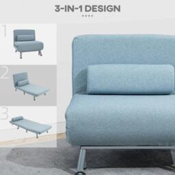 Rackhams Linen Chair Bed, 3-in-1 Convertible Sleeper Chair with Adjustable Backrest, Pillow, for Living Room, Bedroom, Sky Blue - thumbnail 6