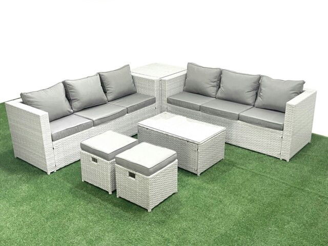 Rackhams Garden Outdoor PE Rattan Furniture Set 8 Seater Rattan Garden Sofa Set with 2 Small Footstool Side Table Light Grey Mixed - image 1
