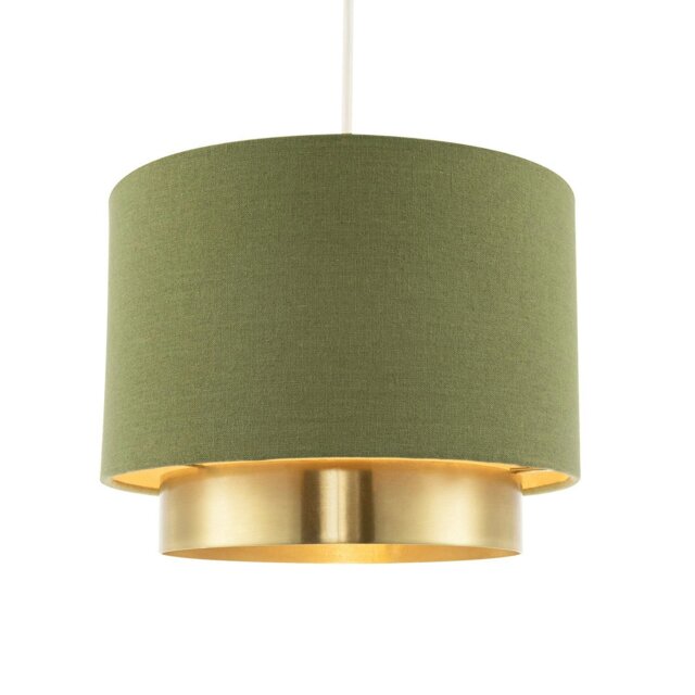 Rackhams Olive Green Linen Fabric Pendant Shade with Brushed Gold Metal Ring - image 1