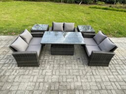 Rackhams 6 pieces Outdoor Lounge Sofa Set Wicker PE Rattan Garden Furniture Set with Rising Lifting Table Double Seat Sofa 2 Side Tables Dark Grey Mixed - thumbnail 1