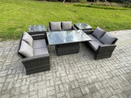 Rackhams 6 pieces Outdoor Lounge Sofa Set Wicker PE Rattan Garden Furniture Set with Rising Lifting Table Double Seat Sofa 2 Side Tables Dark Grey Mixed - thumbnail 2