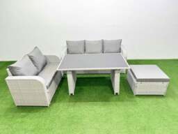 Rackhams Garden Furniture Set PE Ratten Garden Sofa Set with Rectangular Dining Table Big Stool Light Grey - thumbnail 1