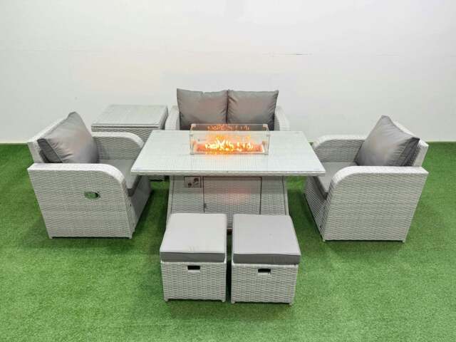 Rackhams Light Grey PE Wicker Rattan Garden Furniture Set Sofa Set Reclining Chair Fire Pit Dining Table 6 Seater 2 Small Stools Side Table - image 1