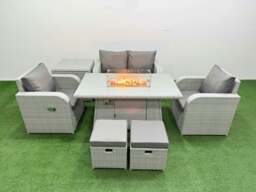 Rackhams Light Grey PE Wicker Rattan Garden Furniture Set Sofa Set Reclining Chair Fire Pit Dining Table 6 Seater 2 Small Stools Side Table - thumbnail 1