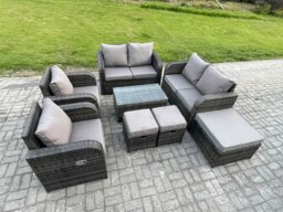 Rackhams 9 Seater Rattan Garden Furniture Set Patio Outdoor Lounge Sofa Set with Rectangular Coffee Table 3 Footstools Love Sofa Dark Grey Mixed - thumbnail 1