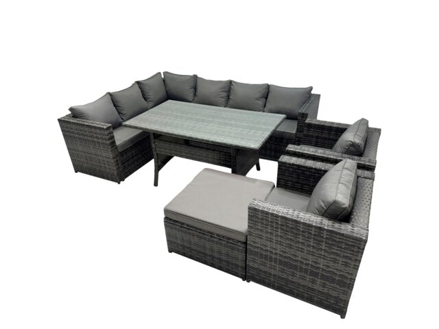 Rackhams Outdoor PE Rattan Sofa Set with Dining Table Patio Garden Furniture Sets with 2 Chairs Big Stool Dark Grey Mixed - image 1