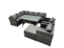 Rackhams Outdoor PE Rattan Sofa Set with Dining Table Patio Garden Furniture Sets with 2 Chairs Big Stool Dark Grey Mixed - thumbnail 1
