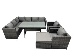 Rackhams Outdoor PE Rattan Sofa Set with Dining Table Patio Garden Furniture Sets with 2 Chairs Big Stool Dark Grey Mixed - thumbnail 2