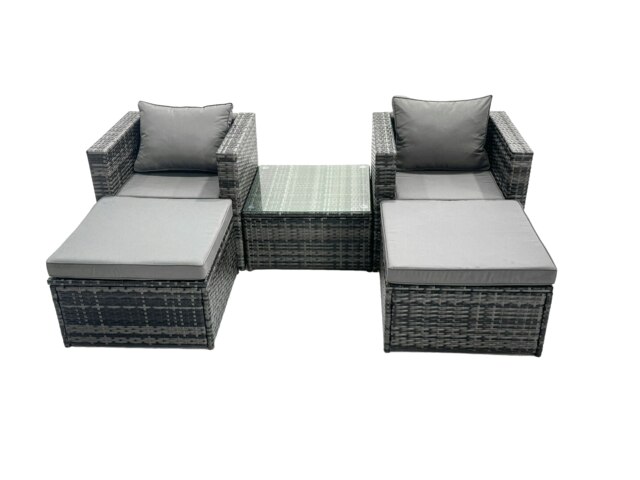 Rackhams Outdoor Rattan Garden Furniture Set 4 Seater Patio Lounge Set with Armchair Square Coffee Table 2 Big Footstools Dark Grey Mixed - image 1