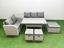 Rackhams 8 Seater PE Rattan Wicker Garden Furniture Patio Conservatory Sofa Set with Rectangular Dining Table 3 Seater Sofa Love Sofa 3 Stool Side Table - thumbnail 1