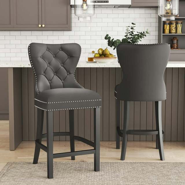 Rackhams Dining Bar Chairs Wooden Velvet Buttoned Bar Stool - 2 Chairs - Grey - image 1