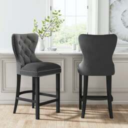 Rackhams Dining Bar Chairs Wooden Velvet Buttoned Bar Stool - 2 Chairs - Grey - thumbnail 3