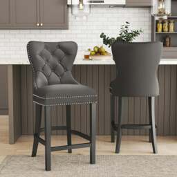 Rackhams Dining Bar Chairs Wooden Velvet Buttoned Bar Stool - 2 Chairs - Grey - thumbnail 1