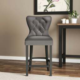 Rackhams Dining Bar Chairs Wooden Velvet Buttoned Bar Stool - 2 Chairs - Grey - thumbnail 2