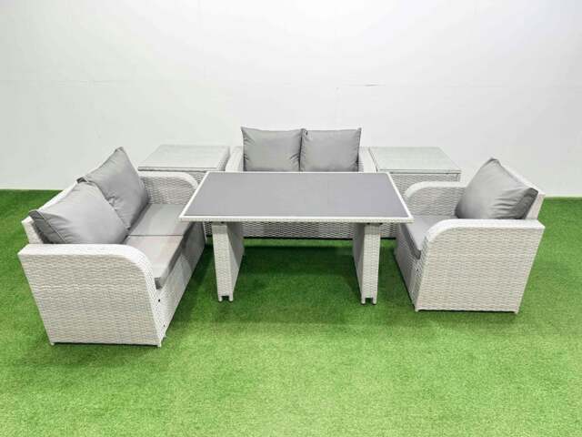 Rackhams Rattan Sofa Outdoor Furniture with Dining Table,2 Side Tables,Love Sofa Patio Furniture Light Grey 5 Seater - image 1