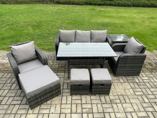 Rackhams 8 Pcs Rattan Outdoor Garden Furniture Set Rectangular Dining Table and Chair Sofa Set With Side Table 3 Footstools Dark Grey Mixed - image 1