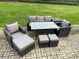 Rackhams 8 Pcs Rattan Outdoor Garden Furniture Set Rectangular Dining Table and Chair Sofa Set With Side Table 3 Footstools Dark Grey Mixed - thumbnail 2