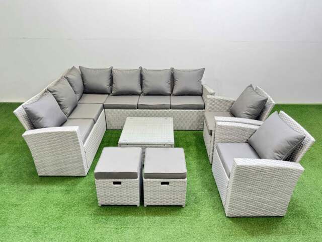 Rackhams Outdoor Rattan Garden Furniture Set 10 Seater Corner Sofa Sets with Square Coffee Table Chair 2 Small Footstool Light Grey Mixed - image 1