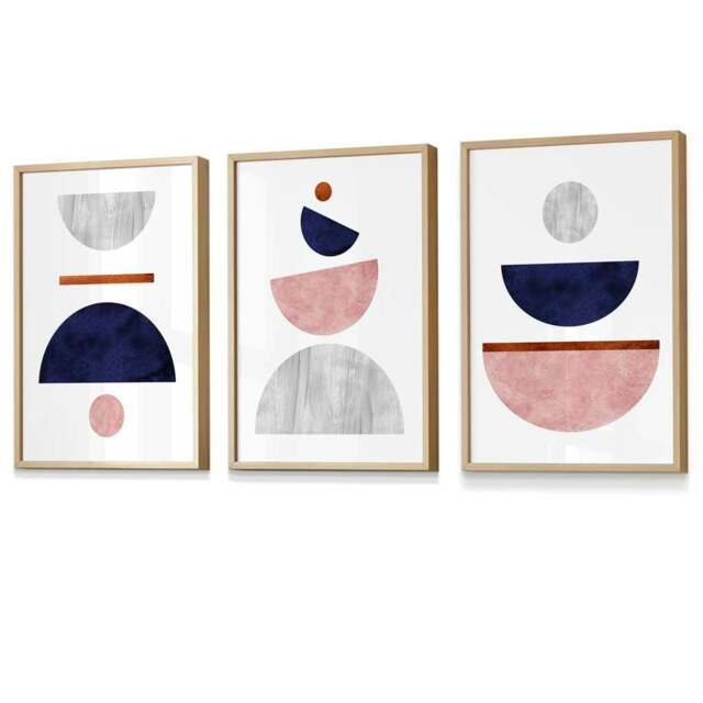 Rackhams Navy Blue, Blush & Copper Textured Geometric Framed Wall Art - 42x59cm (A2) - Oak
