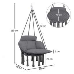 Rackhams Hammock Chair, Boho Hanging Swing Chair with Cushion, Dark Grey - 80 x 60 x 40 cm - Hammock Chair - Cream White - thumbnail 6