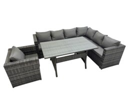 Rackhams Rattan Garden Furniture Set Outdoor 7 Seater Patio Dining Corner Sofa Sets with Dining Table Chair Dark Grey Mixed - thumbnail 1