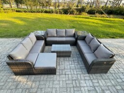 Rackhams 10-Seater Dark Grey Rattan Outdoor Lounge Set - Rectangular Coffee Table, 3-Seater Sofa, 2 Side Tables, Large Footstool - thumbnail 1