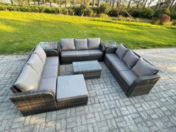 Rackhams 10-Seater Dark Grey Rattan Outdoor Lounge Set - Rectangular Coffee Table, 3-Seater Sofa, 2 Side Tables, Large Footstool - thumbnail 2