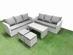 Rackhams Outdoor Garden Furniture Sets 8 Seater Wicker Rattan Furniture Sofa Sets with Oblong Coffee Table high Back Lounge Sofa Stools Light Grey - thumbnail 1