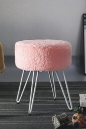 Rackhams Soft Fluffy Pink Low Chair Dressing Footstool with Metal Leg - Pink - thumbnail 1