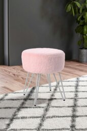 Rackhams Soft Fluffy Pink Low Chair Dressing Footstool with Metal Leg - Pink - thumbnail 2