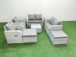 Rackhams 8 Seater Outdoor Reclining Chair Love Sofa Set Rattan Garden Furniture Set with Square Coffee Table 2 Big FootStools  2 Side Table Light Grey - thumbnail 2