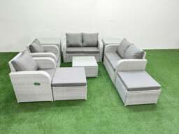 Rackhams 8 Seater Outdoor Reclining Chair Love Sofa Set Rattan Garden Furniture Set with Square Coffee Table 2 Big FootStools  2 Side Table Light Grey - thumbnail 1