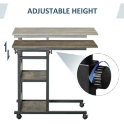 Rackhams C-Shaped Side Table Industrial Mobile Rolling End Desk with 3-Tier Storage Shelving, Adjustable Height, Wheels - thumbnail 6