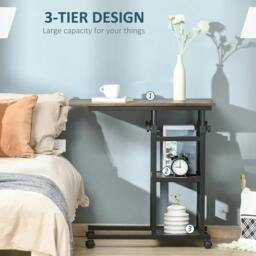 Rackhams C-Shaped Side Table Industrial Mobile Rolling End Desk with 3-Tier Storage Shelving, Adjustable Height, Wheels - thumbnail 5