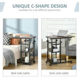 Rackhams C-Shaped Side Table Industrial Mobile Rolling End Desk with 3-Tier Storage Shelving, Adjustable Height, Wheels - thumbnail 4