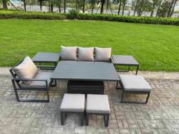 Rackhams Aluminium Outdoor Dining Set Patio Dining Furniture Set Includes Adjustable Rising Lifting Dining Table Chairs with 3 Footstools 2 Side Tables - thumbnail 1