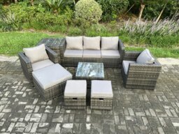 Rackhams 8 Seater Wicker Rattan Garden Furniture Sofa Set with Side Table Armchair Square Coffee Table 3 Footstools Dark Grey Mixed - thumbnail 1