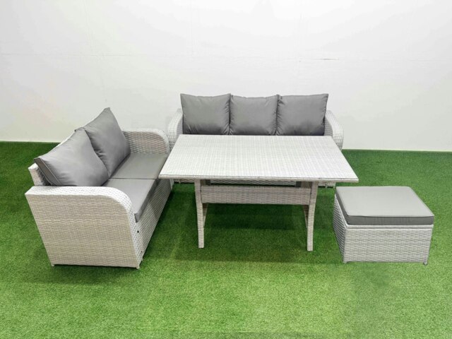 Rackhams 6 Seater PE Rattan Wicker Garden Furniture Patio Conservatory Sofa Set with Rectangular Dining Table 3 Seater Sofa Love Sofa Big Footstool - image 1