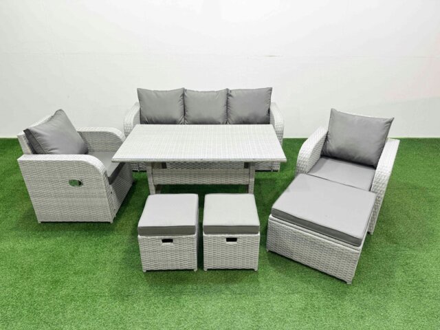Rackhams PE Rattan Garden Furniture Set Reclining Chair Sofa Lounge Sofa Set Rectangular Dining Table 3 Stools Light Grey - image 1